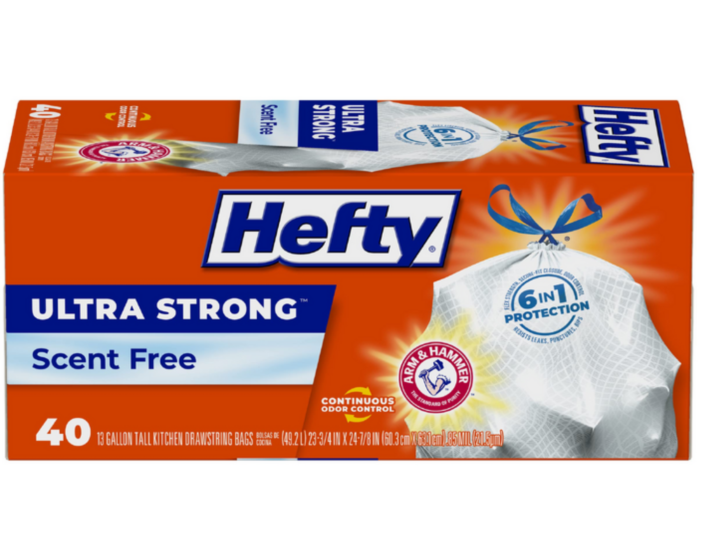 Hefty Kitchen Drawstring Bag Ultra Strong Scent Free 13 gal 40 ct